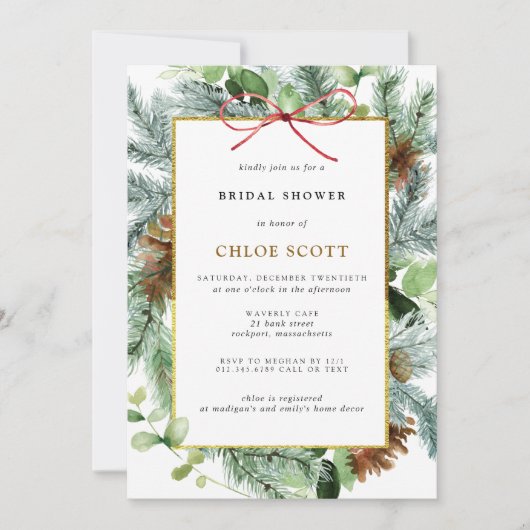 冬素朴植物松ブライダルシャワー 招待状 (正面)