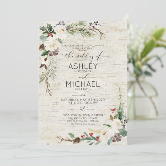 冬素朴樺の木書道結婚植物学 招待状 (スタンド正面)