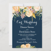 冬素朴海軍ブルーピーチフローラ結婚 招待状 (正面)