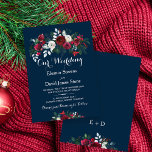 冬素朴海軍ブルーブルゴーニュフローラ結婚 招待状<br><div class="desc">フローラの花束は赤いブルゴーニュと白い牡丹のバラで、松の緑のモミの枝と葉の結婚式招待状のテンプレートは変更の可能なスクリプトの文字と暗い真夜中のネイビーの青い背景にモダンファンシーコンテンポラリーの。------背景色は表裏両面で編集可能であることに注意すること。これを変更するには、[MORE]カスタマイズオプションを選択する。--------冬のフローラ/クリスマスの上品な結婚式にエレガント最適な招待。</div>