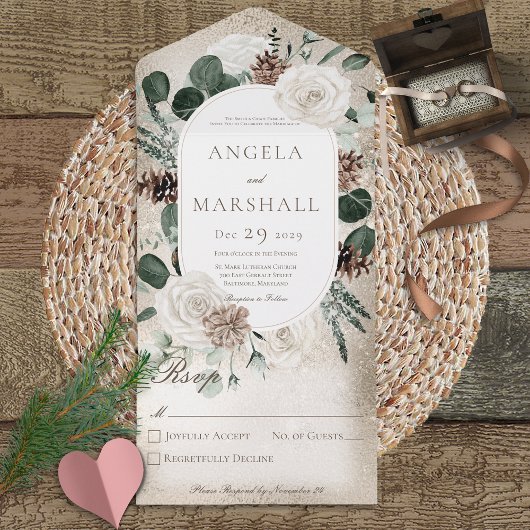 冬素朴白フローラ金ゴールドなしディナー オールインワン招待状