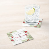 冬絵を描の松とベリーの小枝 スクエアペーパーコースター (インサイチュ)