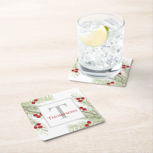 冬絵を描の松とベリーの小枝 スクエアペーパーコースター (インサイチュ)