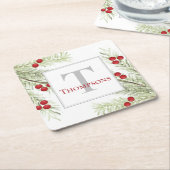 冬絵を描の松とベリーの小枝 スクエアペーパーコースター (アングル)