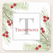 冬絵を描の松とベリーの小枝 スクエアペーパーコースター (正面)