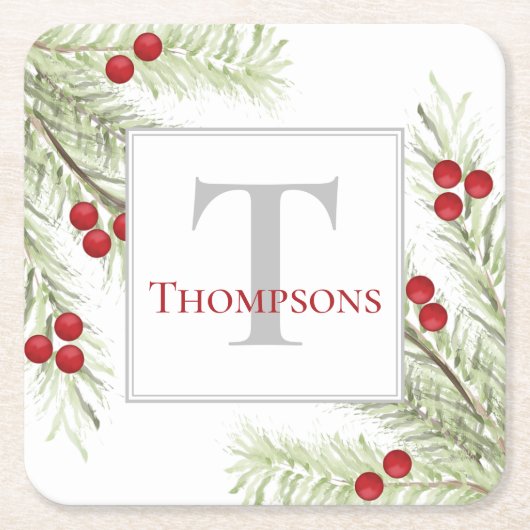 冬絵を描の松とベリーの小枝 スクエアペーパーコースター (正面)