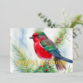 冬絵画鳥の赤い緑 箔シーズンカード (立ち正面)
