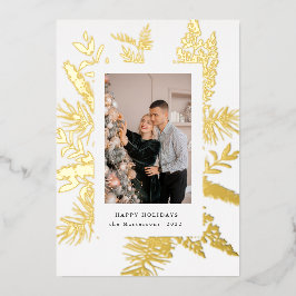 冬緑葉写真エレガントホリデーカード 箔招待状