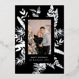 冬緑葉写真エレガントホリデーカード 箔招待状