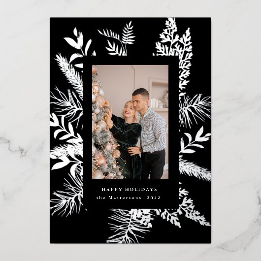 冬緑葉写真エレガントホリデーカード 箔招待状 (正面)