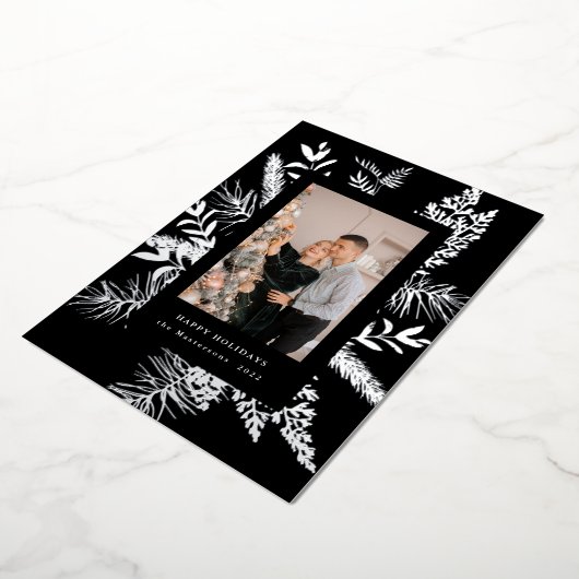 冬緑葉写真エレガントホリデーカード 箔招待状 (回転した状態)
