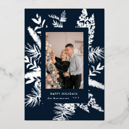 冬緑葉写真エレガントホリデーカード 箔招待状