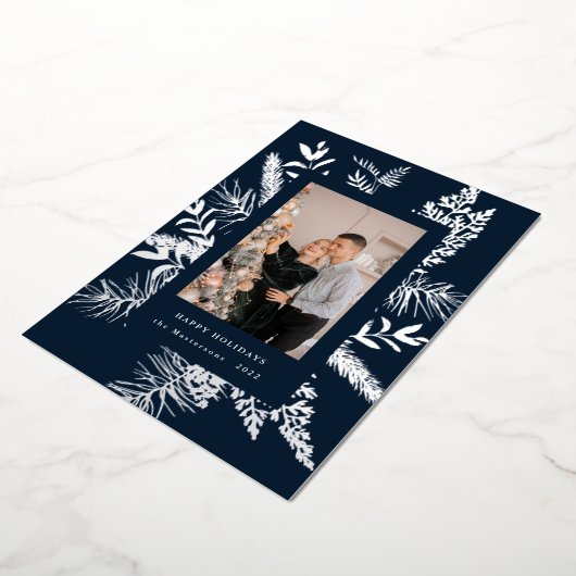 冬緑葉写真エレガントホリデーカード 箔招待状 (回転した状態)