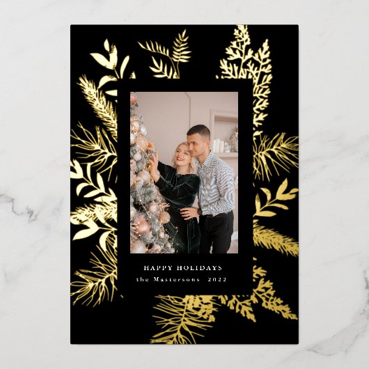 冬緑葉写真エレガントホリデーカード 箔招待状 (正面)