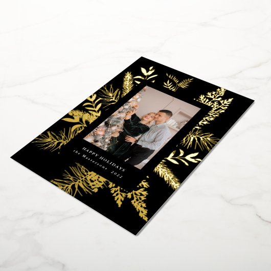 冬緑葉写真エレガントホリデーカード 箔招待状 (回転した状態)