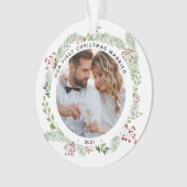 冬緑2枚写真たった今結婚しましたオーナメント オーナメント (正面)