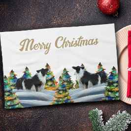 冬縁ど雪の森のクリスマスツリーにコリー キッチンタオル