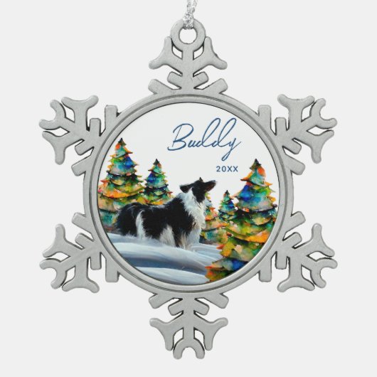 冬縁ど雪の森のクリスマスツリーにコリー スノーフレークピューターオーナメント (正面)