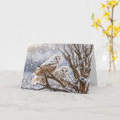 冬至のユール、雪の中のフクロウ カード (黄色い花)
