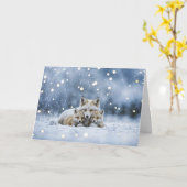 冬至のユール、雪の中の狐たち カード (黄色い花)