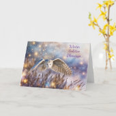 冬至マジカルホワイトフクロウ飛んでいるユール(キリスト降誕祭) カード (黄色い花)