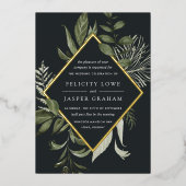冬草地 |緑の水色の葉結婚の 箔招待状 (正面)