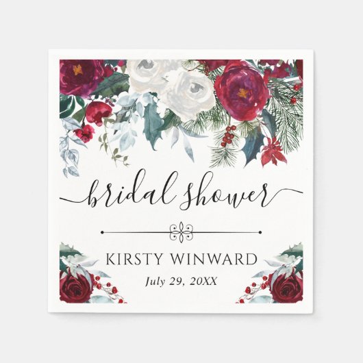 冬赤と白花ブライダルシャワー スタンダードカクテルナプキン (正面)
