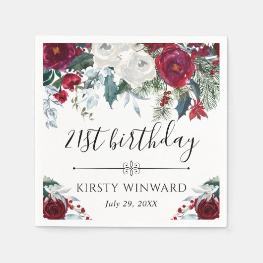冬赤と白花誕生日 スタンダードカクテルナプキン (正面)