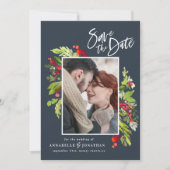 冬赤グリーン植物水彩写真青 セーブザデート (正面)