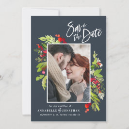 冬赤グリーン植物水彩写真青 セーブザデート