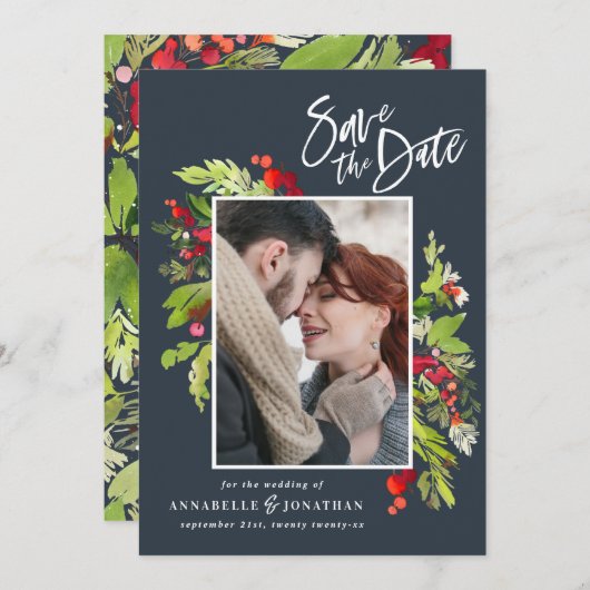 冬赤グリーン植物水彩写真青 セーブザデート (正面/裏面)