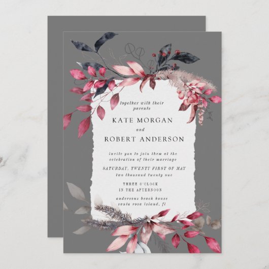 冬赤水カラーフローラ結婚式招待状 (正面/裏面)