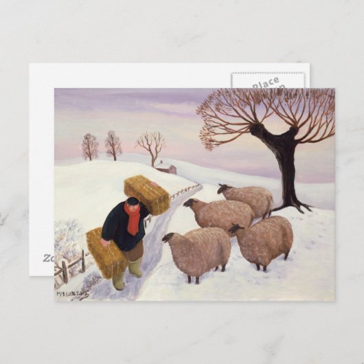 冬運の羊への干し草 ポストカード (正面/裏面)