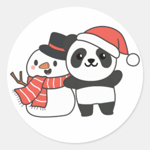 冬雪だるま付きパンダのクリスマスクラシック用 ラウンドシール