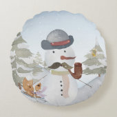 冬雪だるま動物の雪動物イラストレーション ラウンドクッション (正面)