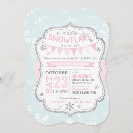 冬雪片グリッターベビーシャワー招待状 招待状 (正面/裏面)