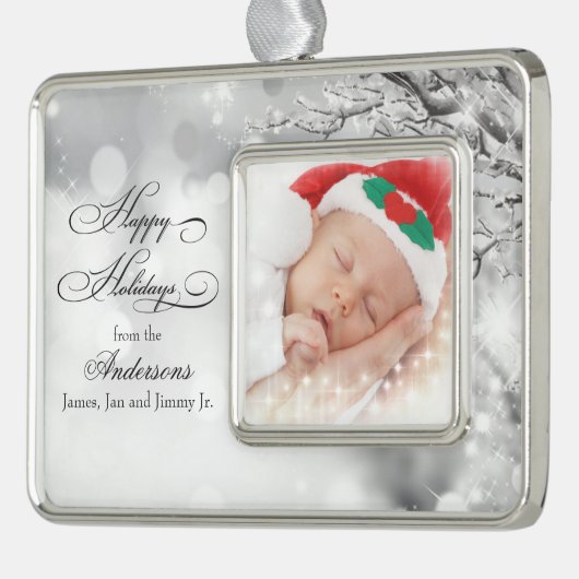 冬霜の降りたの雪のパーソナライズされた写真 シルバープレートフレームオーナメント (左)