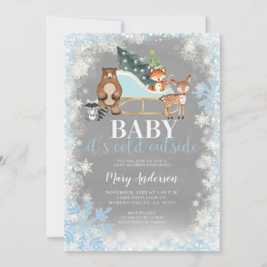 冬青銀の雪の降る木の国の赤ちゃんシャワー 招待状 (正面)