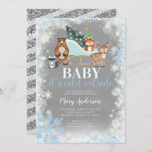 冬青銀の雪の降る木の国の赤ちゃんシャワー 招待状 (正面/裏面)