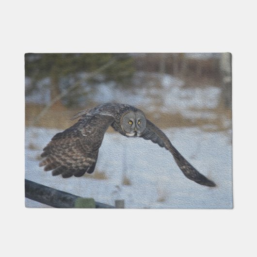 冬飛んでいる素晴らし雪の灰色フクロウ ドアマット (正面)