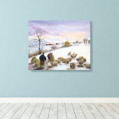 冬食べ物を与えの羊 キャンバスプリント (インサイチュ (ウッドフロア))