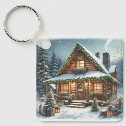 冬/素朴クリスマスの雪のキャビン キーホルダー (正面)