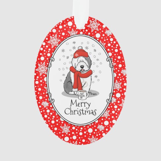 冬(赤)オールドイングリッシュシェプドッグ(グレー1)かわいい オーナメント (裏面)