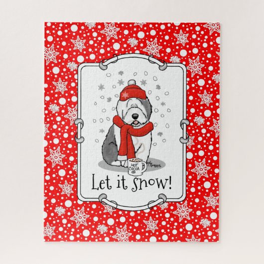 冬(赤)オールドイングリッシュシェプドッグ(グレー1)かわいい ジグソーパズル (縦)