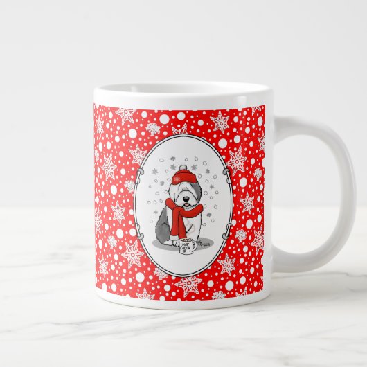 冬（赤）オールドイングリッシュシェプドッグ（グレー1）かわいい ジャンボコーヒーマグカップ (右)