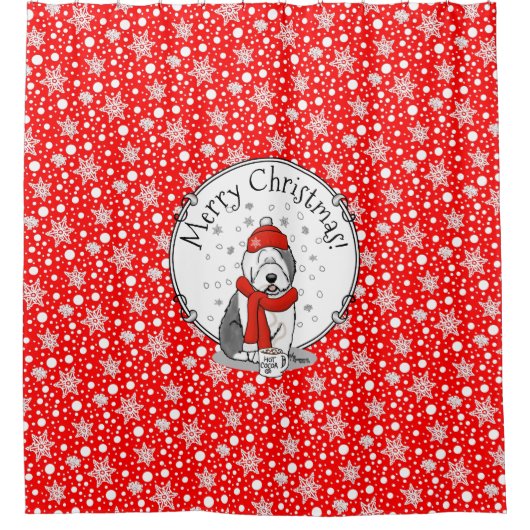 冬(赤)旧英語シェプドッググレー1休日 シャワーカーテン (正面)