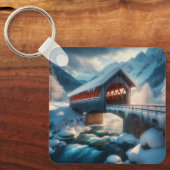 冬、雪が覆われた橋と川 キーホルダー (正面)