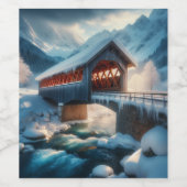 冬、雪が覆われた橋と川 ワインラベル (シングルラベル)