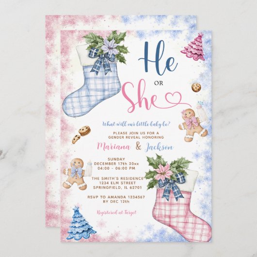 冬Heまたは彼女サンタソックスのクッキー性別が明らかにする 招待状 (正面/裏面)