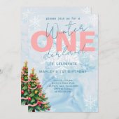 冬ONEderlandツリー雪の青1番目の誕生日 招待状 (正面/裏面)